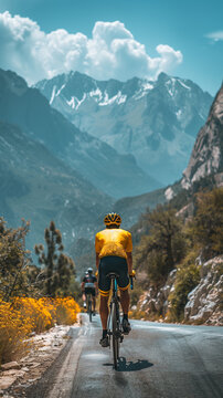 Cyclist in yellow jersey rides through mountain pass on sunny day
