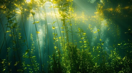 A mesmerizing view of a kelp forest with sunlight filtering through the water, illuminating the plants and diverse marine life.