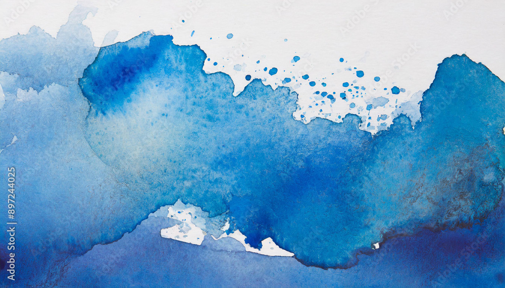 Poster vivid abstract watercolor splash: dynamic waves of deep blue and turquoise on textured white paper c