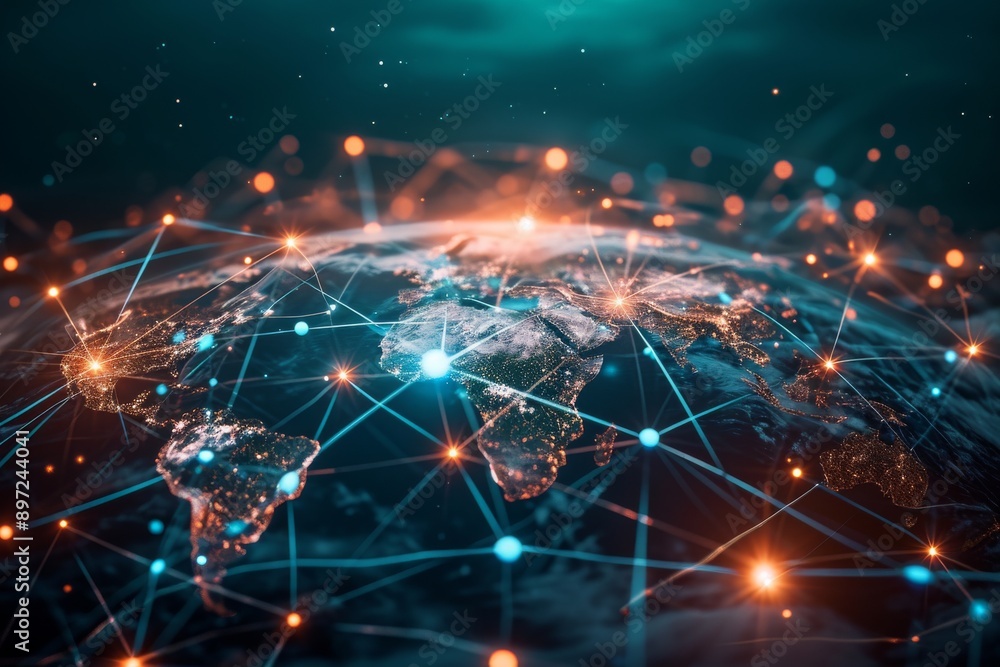 Poster an image depicting the earth as the focal point, encircled by a network of interconnected lines and 