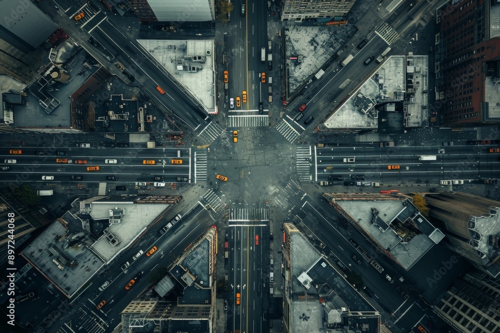 Aufkleber aerial view of an intersection in a city, intersecting city streets in a grid pattern seen from abov