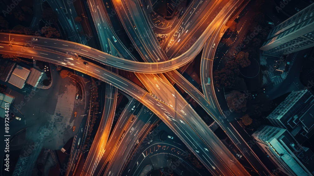 Poster showcase an aerial view of a highway intersection with the focus on the interplay of light and shado