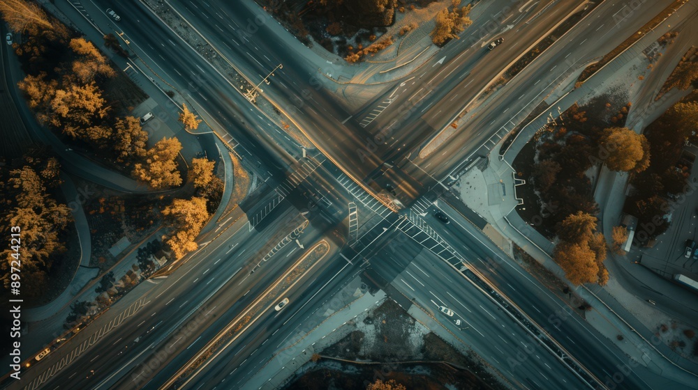 Poster showcase an aerial view of a highway intersection with the focus on the interplay of light and shado