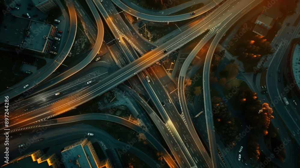 Poster showcase an aerial view of a highway intersection with the focus on the interplay of light and shado