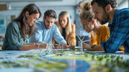 Corporate team engaged in a creative brainstorming session, using digital boards and renewable energy models to develop innovative sustainability strategies. No text, no logo, no trademarks