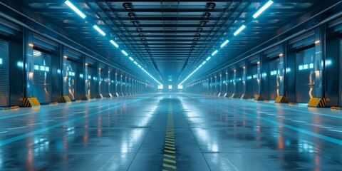 Futuristic Industrial Warehouse with Neon Lights and Reflective Floors
