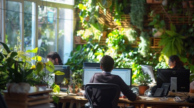 Enterprise developers working on eco-friendly software solutions in a green tech office, surrounded by plants and sustainable gadgets. No text, no logo, no trademarks