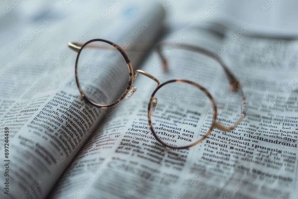 Leinwandbilder round eyeglasses rest on an open book with a minimalist background. generative ai
