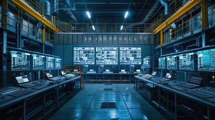 Obraz premium Industrial facility employing AI for resource conservation, with futuristic monitors displaying data on environmental impact and efficiency. No text, no logo, no trademarks