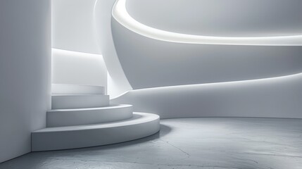 Fototapeta premium Modern and minimalist white round staircase leading to a futuristic empty room background