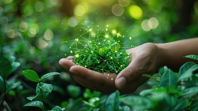 Commerce sector utilizing natural resources with advanced hardware solutions and digital management systems, promoting sustainability in a high-tech environment. No text, no logo, no trademarks