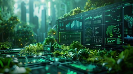 Industrial AI systems monitoring and optimizing natural resource use, with holographic data displays and conservation metrics in a futuristic setting. No text, no logo, no trademarks