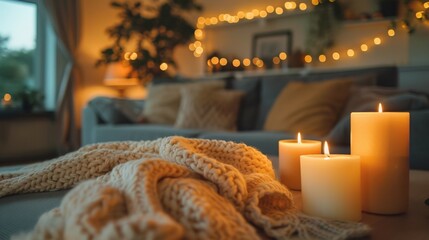A cozy living room with candles and soft blankets
