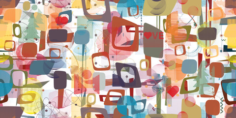 Glitch distorted grungy abstract forms . Cyber punk seamless pattern texture. Halftone dots .Futuristic background . Glitched shapes with dots and lines .Screen print endless pattern texture
