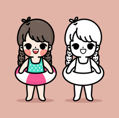 Cartoon girl wearing a swimsuit and swimming ring. coloring book.