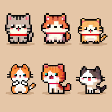 set of cute cat pixel art vector