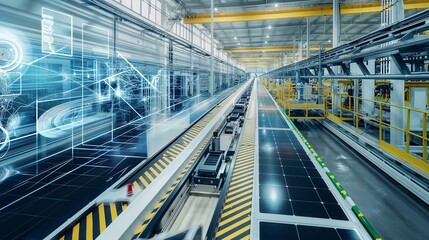 A modern, eco-friendly factory with advanced machinery powered by renewable energy, and digital systems optimizing energy efficiency.