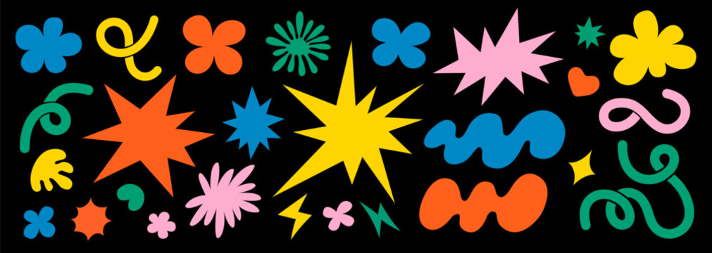 Naklejki Abstract clouds and flowers shapes sticker set. Groovy funky flowers, bubbles, stars, loops and waves in trendy retro cartoon style. Vector illustration with wavy elements.