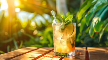 Multicolored bright cocktail with straw in a glass close up with ice cube and mint