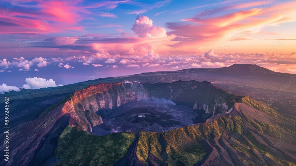 Wall mural showcase an aerial view of a volcano during a vibrant sunset, with the last light of day casting a w