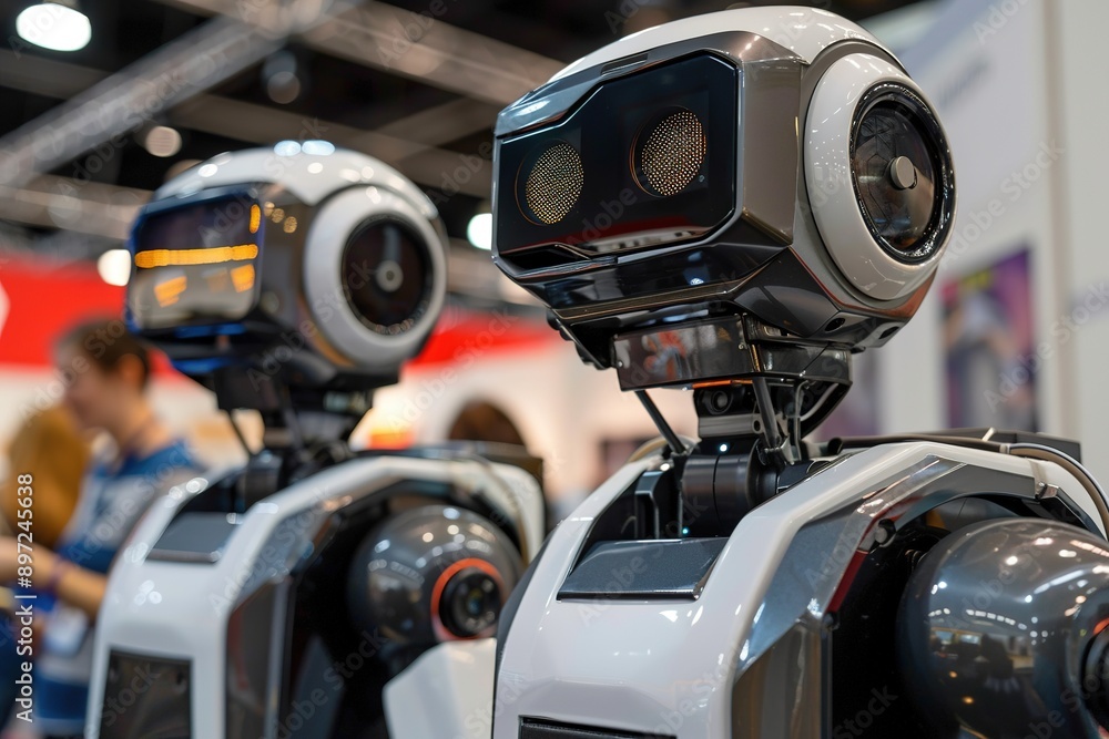 Poster close-up view of humanoid robots at tech expo