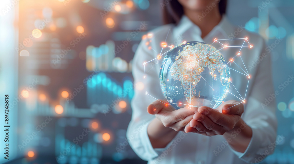 Poster a professional woman holding a holographic globe representing a global network, with interconnected 