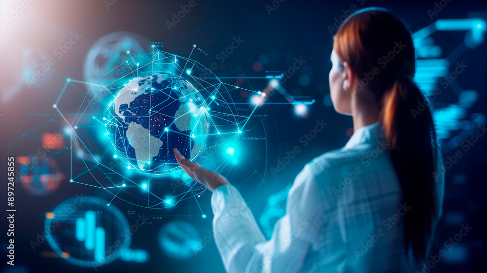 Poster a professional woman presenting a holographic globe with network connections and data points, surrounded by floating digital charts and graphs. The image emphasizes global connecti