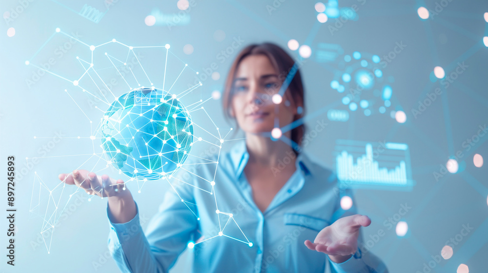 Poster a professional woman presenting a holographic globe with network connections and data points, surrou