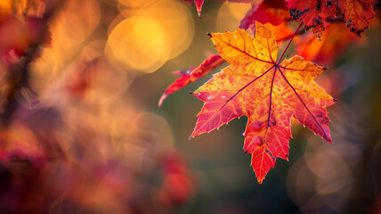 A close-up photo of maple leaves in autumn, with a sharp focus on the vibrant reds and oranges, set against a blurred forest background
