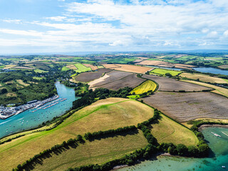 Salcombe and Mill Bay over Kingsbridge Estuary from a drone, Batson Creek, Southpool Creek, Devon, England, Europe