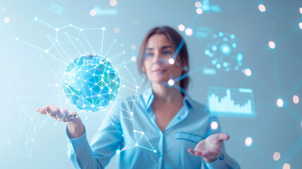a professional woman presenting a holographic globe with network connections and data points, surrounded by floating digital charts and graphs. The image emphasizes global connecti