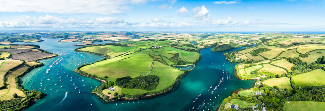 Salcombe and Mill Bay over Kingsbridge Estuary from a drone, Batson Creek, Southpool Creek, Devon, England, Europe