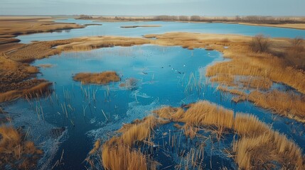 Showcase an aerial view of a wetland conservation area, with diverse bird species nesting among the reeds and cattails.