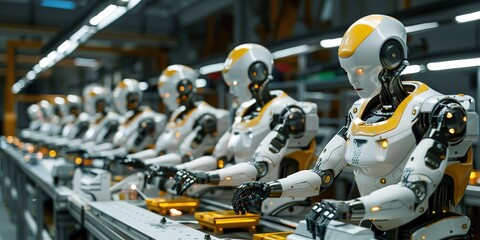 Line of robots on assembly line in smart factory