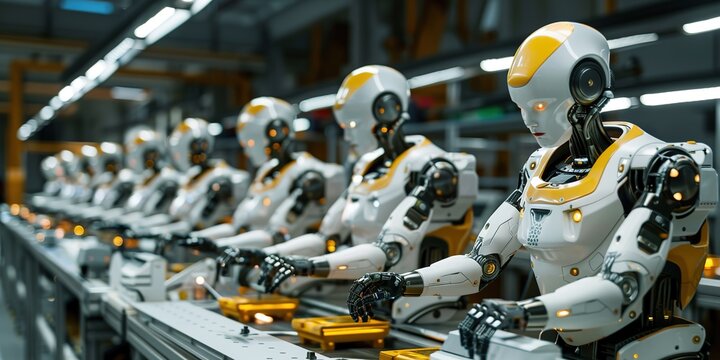 Line of robots on assembly line in smart factory