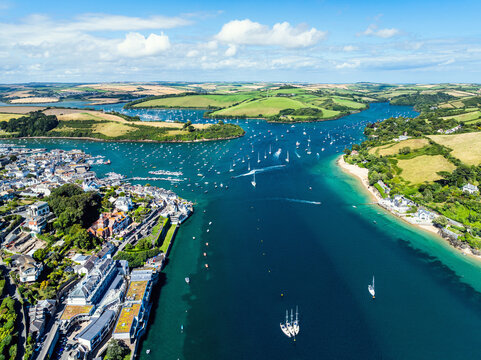 Salcombe and Mill Bay over Kingsbridge Estuary from a drone, Batson Creek, Southpool Creek, Devon, England, Europe