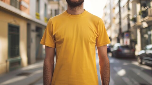 Focus on gold Color T-Shirt Mockup Template on Adult Hipster for Print Design