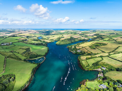 Salcombe and Mill Bay over Kingsbridge Estuary from a drone, Batson Creek, Southpool Creek, Devon, England, Europe