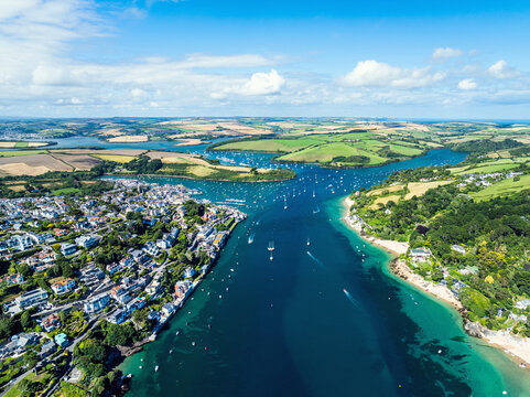Salcombe and Mill Bay over Kingsbridge Estuary from a drone, Batson Creek, Southpool Creek, Devon, England, Europe