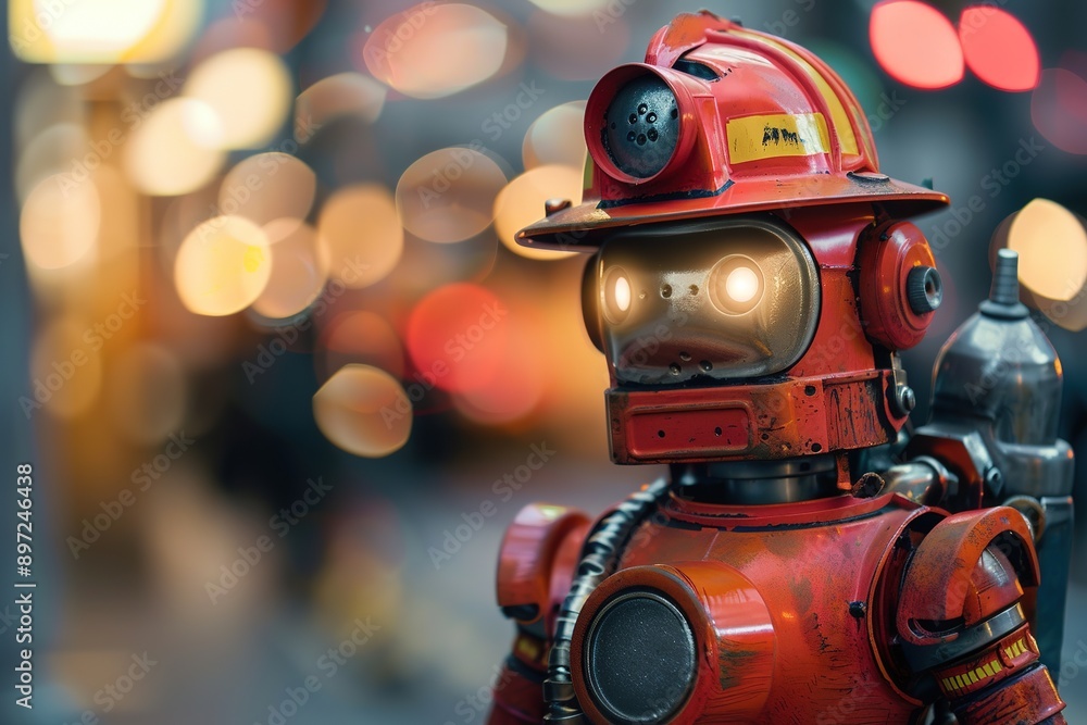 Poster red firefighter robot with illuminated eyes on bokeh background