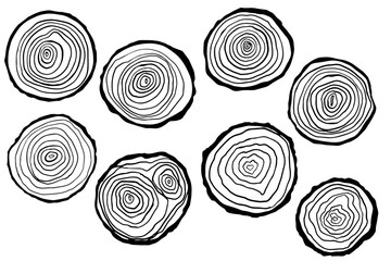 Circular wood rings collection. Saw cut timber. Line ripple circle wood texture. Vector illustration
