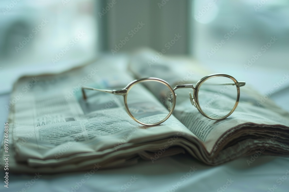 Poster eyeglasses sit on an open book, resting on a light, blurred background. generative ai