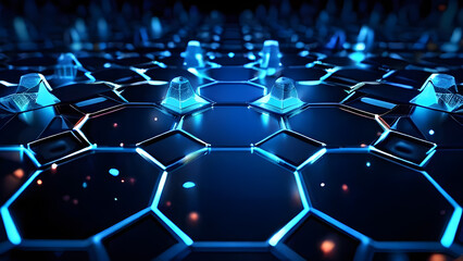 Obraz premium Geometric hi-tech patterns with interconnected hexagons and glowing elements, forming a sophisticated and intricate digital background design.Technology concept.Generative ai.