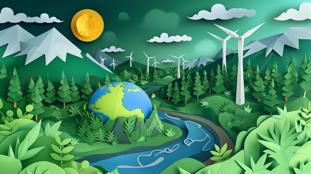 A paper art illustration of Earth with lush forests, clean rivers, and wind turbines, representing sustainable practices for Earth Day.