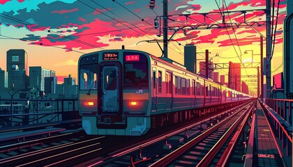 Obraz premium commuter train skyscrapper background, sunset, anime style