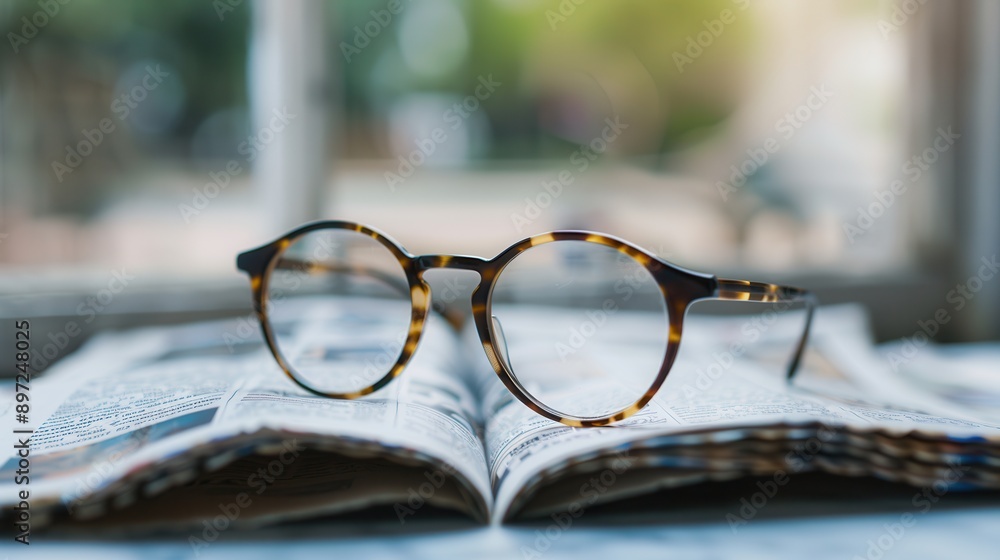 Poster A pair of tortoise shell eyeglasses rests on an open book, the pages blurred in the background. Generative AI