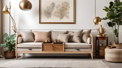 Elegant living room decor including a drawer and seats, featuring a mockup frame for advertising content. eclectic style