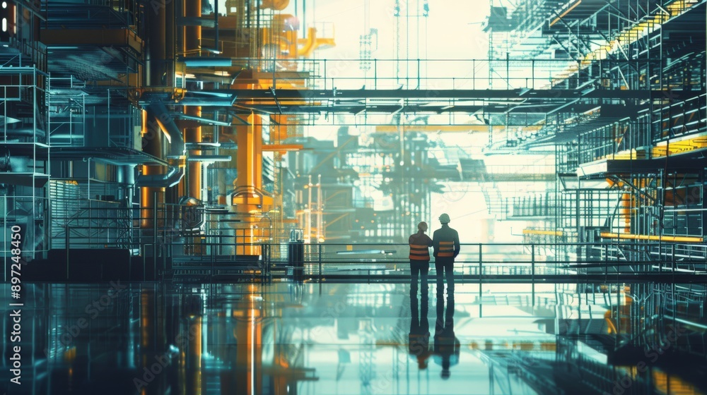 Poster two engineers in reflective vests discussing in a large industrial facility. collaboration and plann