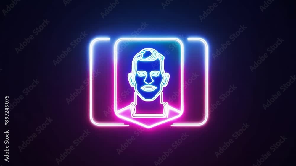 Poster a neon outline of a man's face in a digital frame with a dark background.