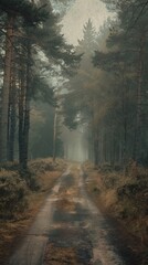 Obraz premium A misty path winds through a dense forest of tall pines